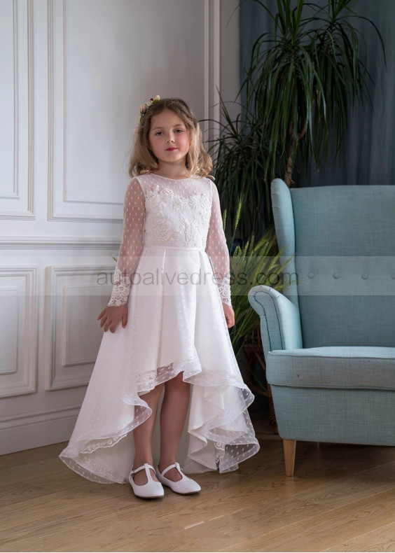 Beaded Ivory Polka Dots Tulle Lace High Low Flower Girl Dress